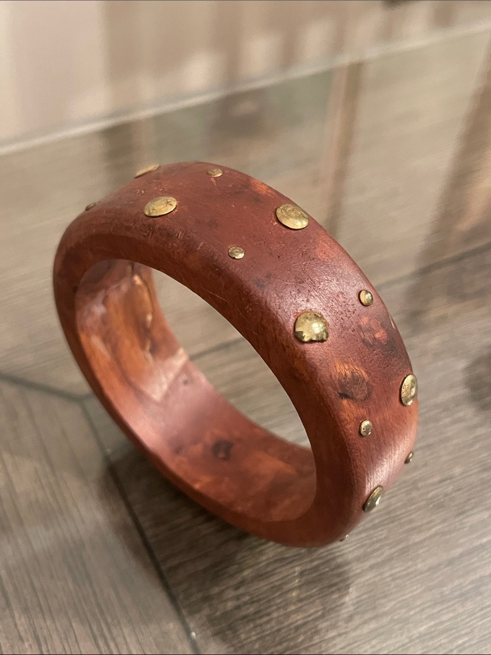 Vintage Chucky Wooden Bangle Bracelet with Round Gold-tone Studs 8” approx